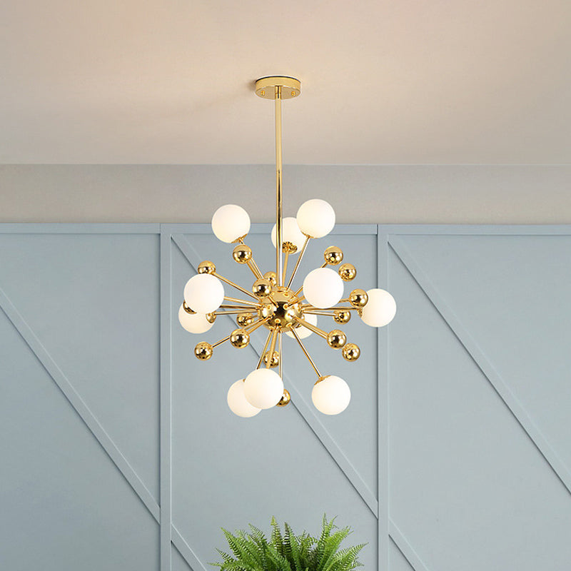 Modern Stylish Burst Ball Chandelier Frosted White Glass 11/12/18-Light Living Room Ceiling Hang Lamp in Gold
