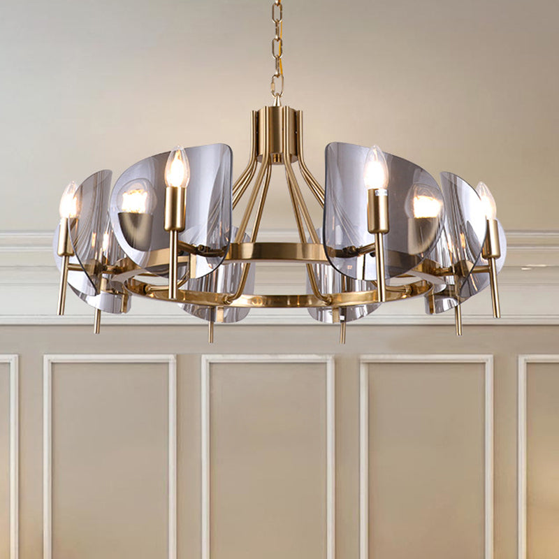 Shield Parlor Ceiling Hang Light Smoky Grey Glass 8 Lights Postmodern Chandelier Lighting in Gold
