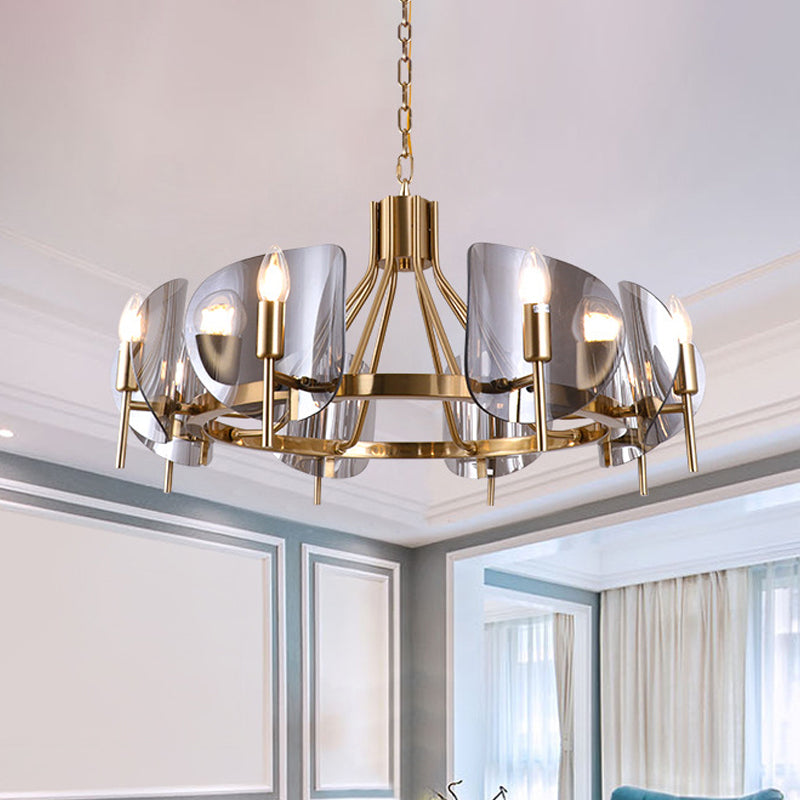 Shield Parlor Ceiling Hang Light Smoky Grey Glass 8 Lights Postmodern Chandelier Lighting in Gold