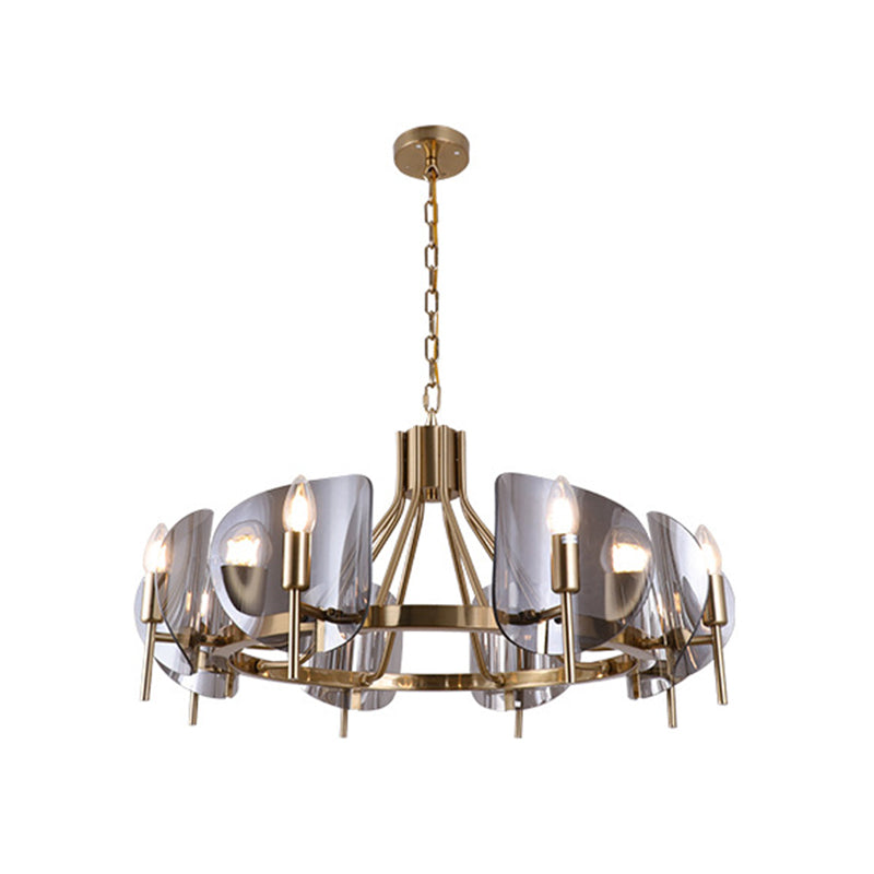 Shield Parlor Ceiling Hang Light Smoky Grey Glass 8 Lights Postmodern Chandelier Lighting in Gold