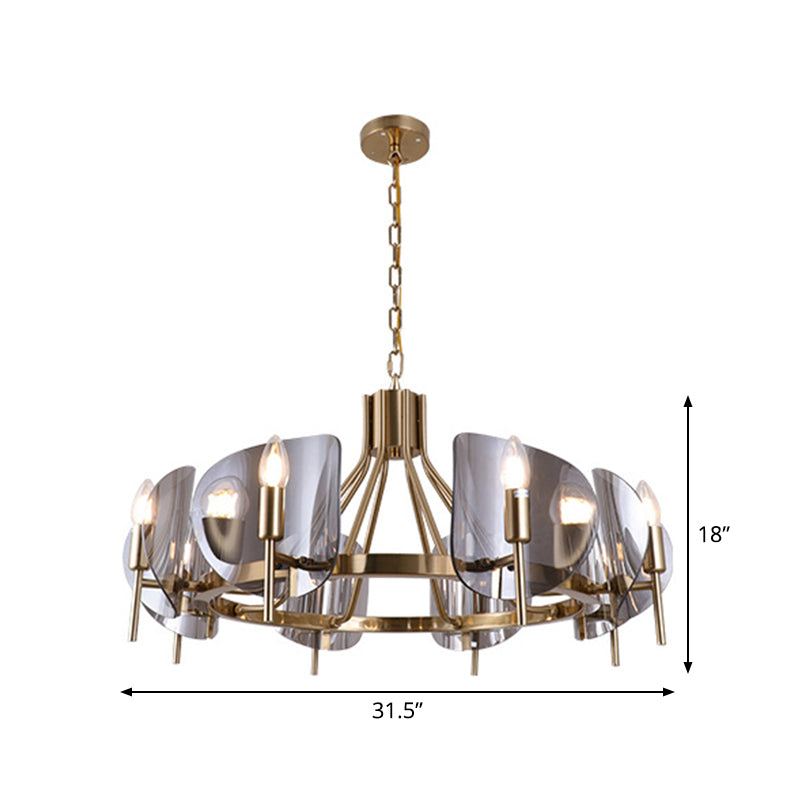 Shield Parlor Ceiling Hang Light Smoky Grey Glass 8 Lights Postmodern Chandelier Lighting in Gold