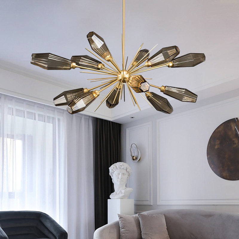 Burst Design Diamond hangend plafondlicht postmoderne rookgrijs glas 12-head woonkamer kroonluchter lamp in goud
