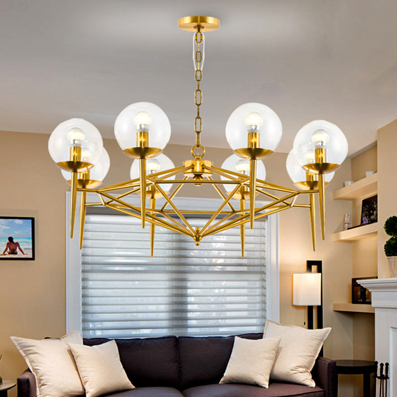 Postmodern Vertical Chandelier Metal 8-Light Living Room Hanging Lamp in Gold with Ball Clear Glass Shade