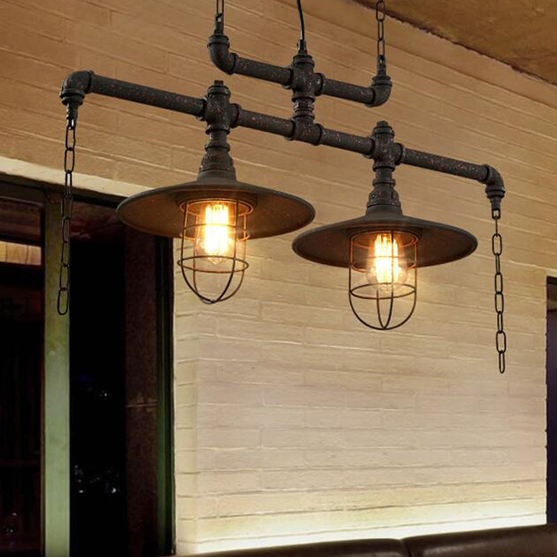 2/3 Heads Saucer Island Lighting Steampunk Black Iron Hanging Light Fixture with Cage and Chain Deco