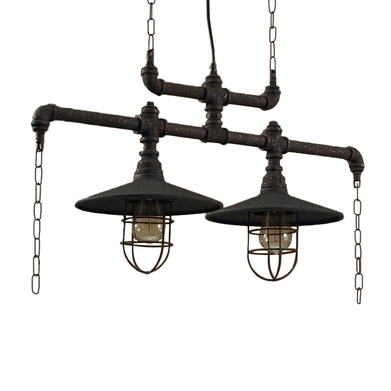 2/3 Heads Saucer Island Lighting Steampunk Black Iron Hanging Light Fixture with Cage and Chain Deco