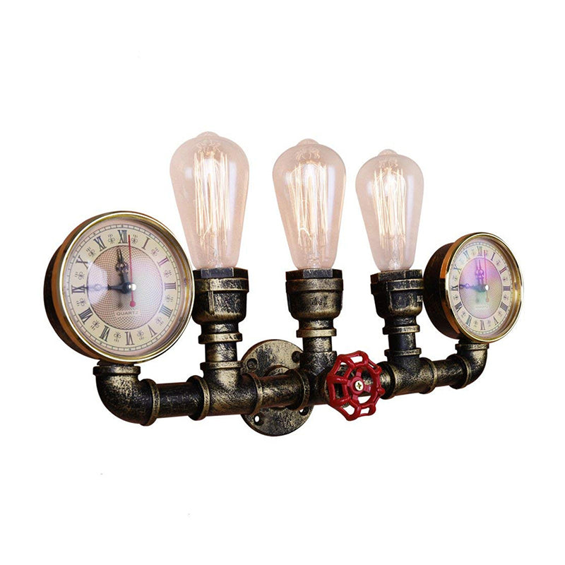 Bronze Pipe Wall Mount Light Warehouse Style Iron 3-Light Dining Room Wall Lamp with Pressure Gauge and Valve Deco