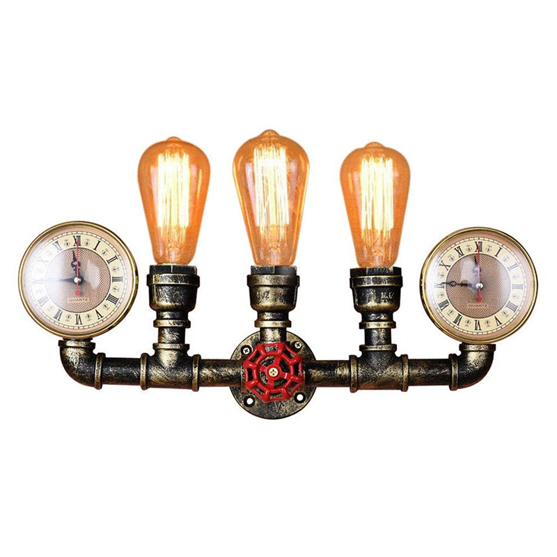 Bronze Pipe Wall Mount Light Warehouse Style Iron 3-Light Dining Room Wall Lamp with Pressure Gauge and Valve Deco