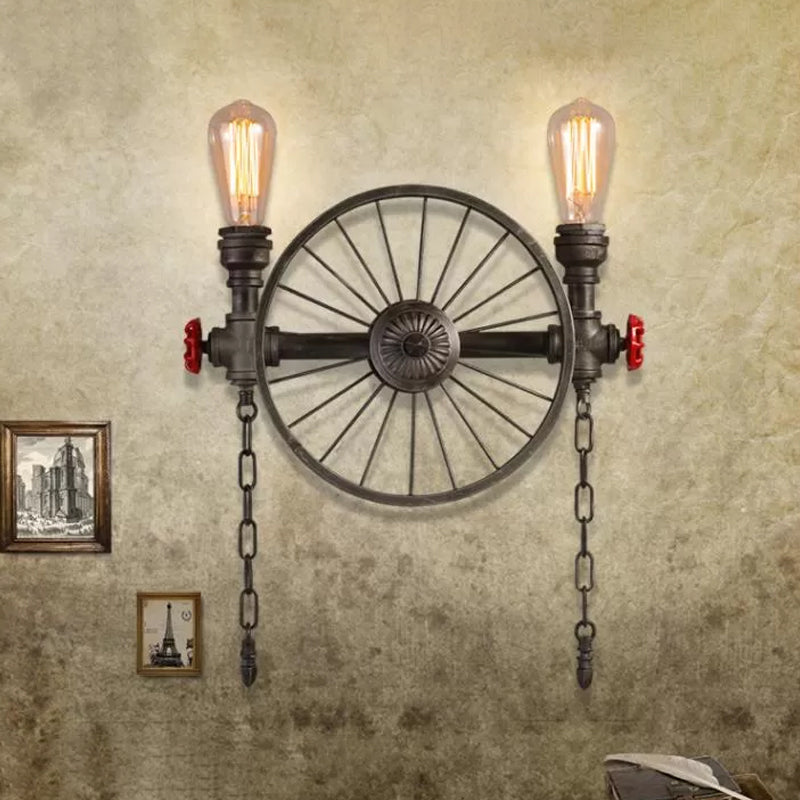 Wrought Iron Pipe Wall Light Loft 2/4-Light Bistro Wall Mount Fixture with Decorative Wheel and Chain in Silver/Bronze