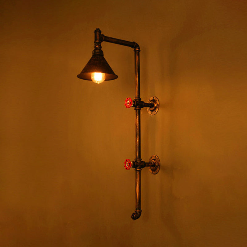 Cone Shade Iron Wall Light Kit Industrial Single Living Room Wall Mount Lamp with Valve and Bracket Design in Bronze