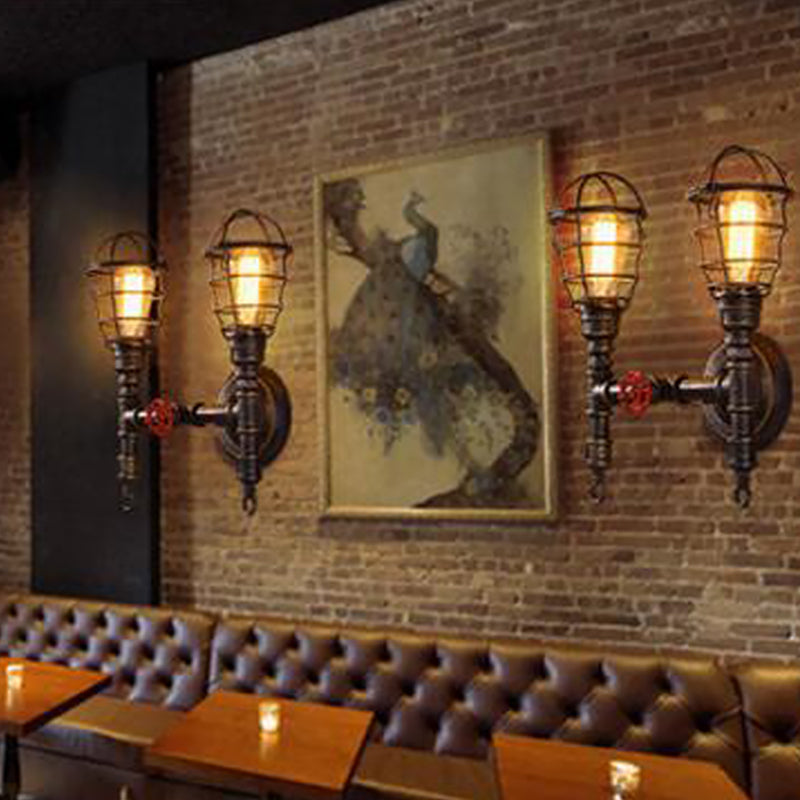 2 Bulbs Wall Mount Light Industrial Piping Iron Wall Lighting with Wire Cage in Bronze