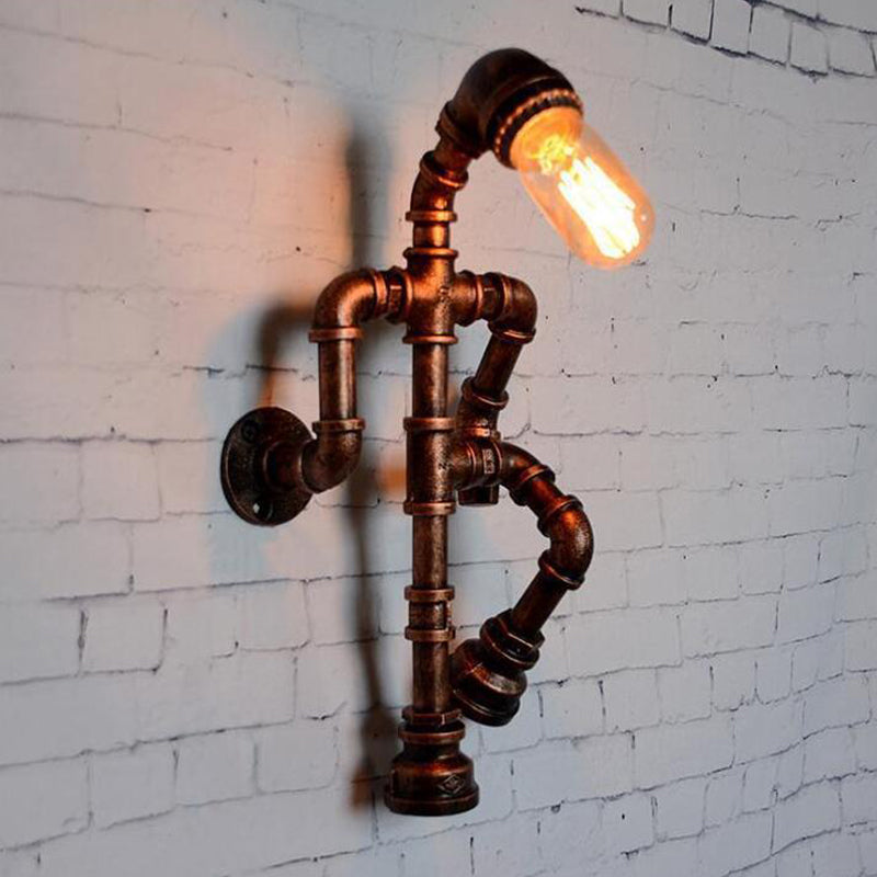 Steampunk Pipe Robot Wall Lamp Single-Bulb Wrought Iron Wall Mounted Light Fixture in Black/Bronze/Copper