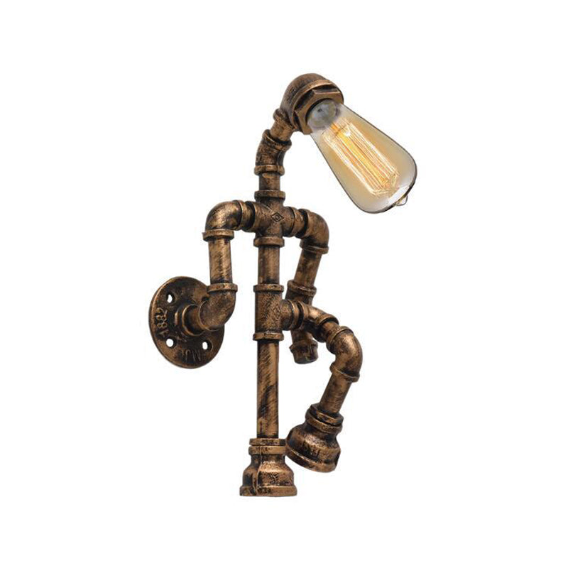 Steampunk Pipe Robot Wall Lamp Single-Bulb Wrought Iron Wall Mounted Light Fixture in Black/Bronze/Copper