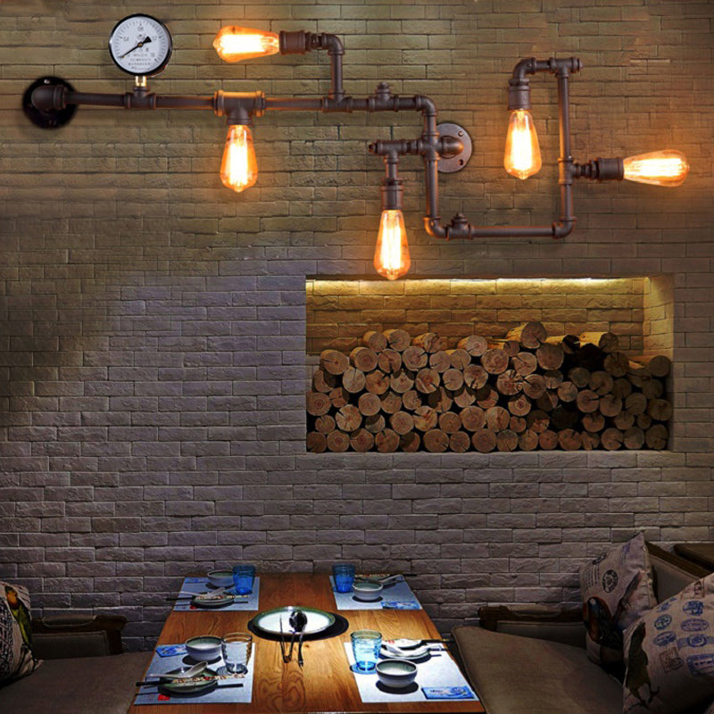 5 Bulbs Pipe System Wall Mount Lamp Industrial Antiqued Black/Brass/Rust Wall Light Kit with Decorative Gauge