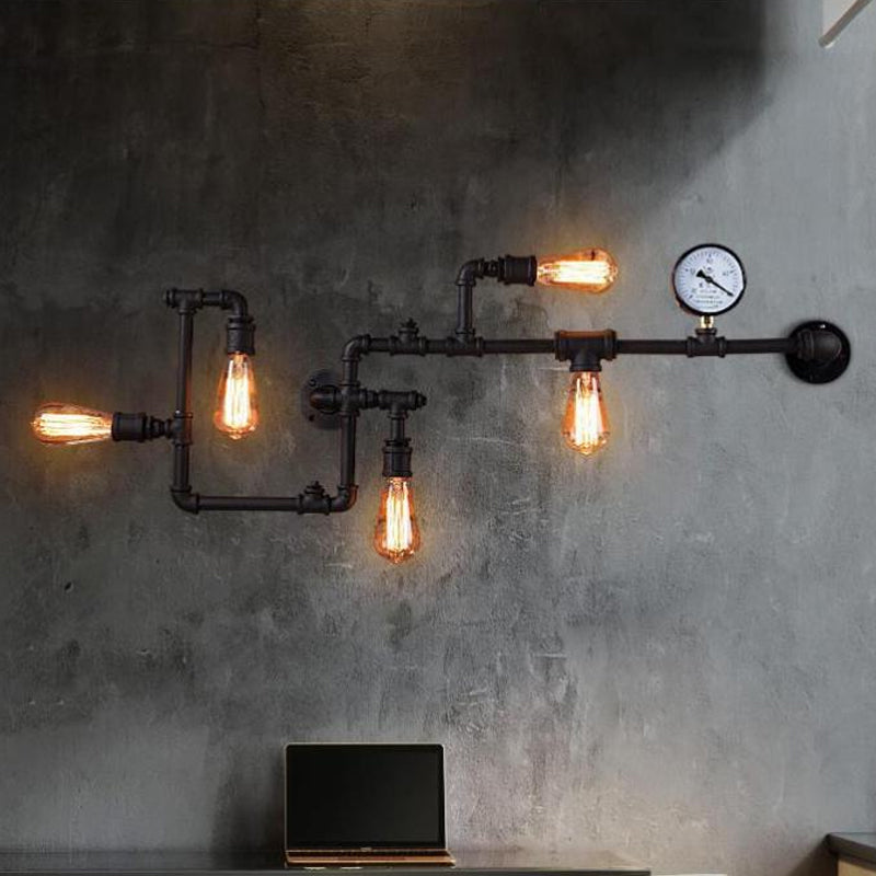 5 Bulbs Pipe System Wall Mount Lamp Industrial Antiqued Black/Brass/Rust Wall Light Kit with Decorative Gauge