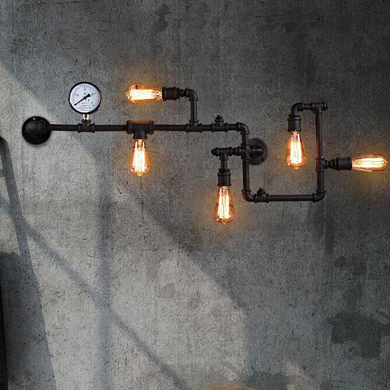 5 Bulbs Pipe System Wall Mount Lamp Industrial Antiqued Black/Brass/Rust Wall Light Kit with Decorative Gauge