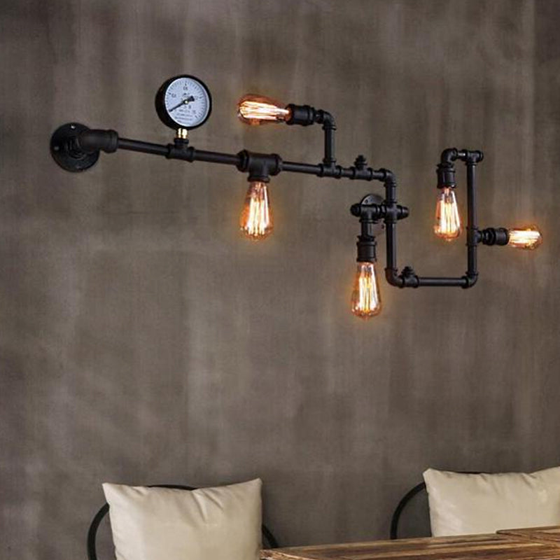 5 Bulbs Pipe System Wall Mount Lamp Industrial Antiqued Black/Brass/Rust Wall Light Kit with Decorative Gauge