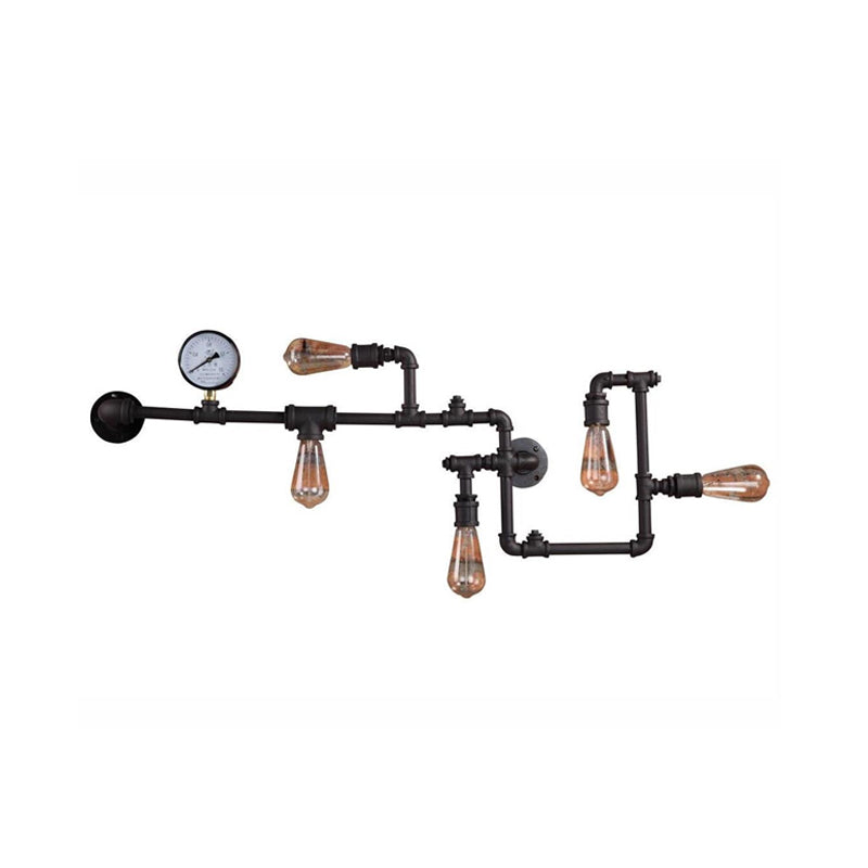 5 Bulbs Pipe System Wall Mount Lamp Industrial Antiqued Black/Brass/Rust Wall Light Kit with Decorative Gauge
