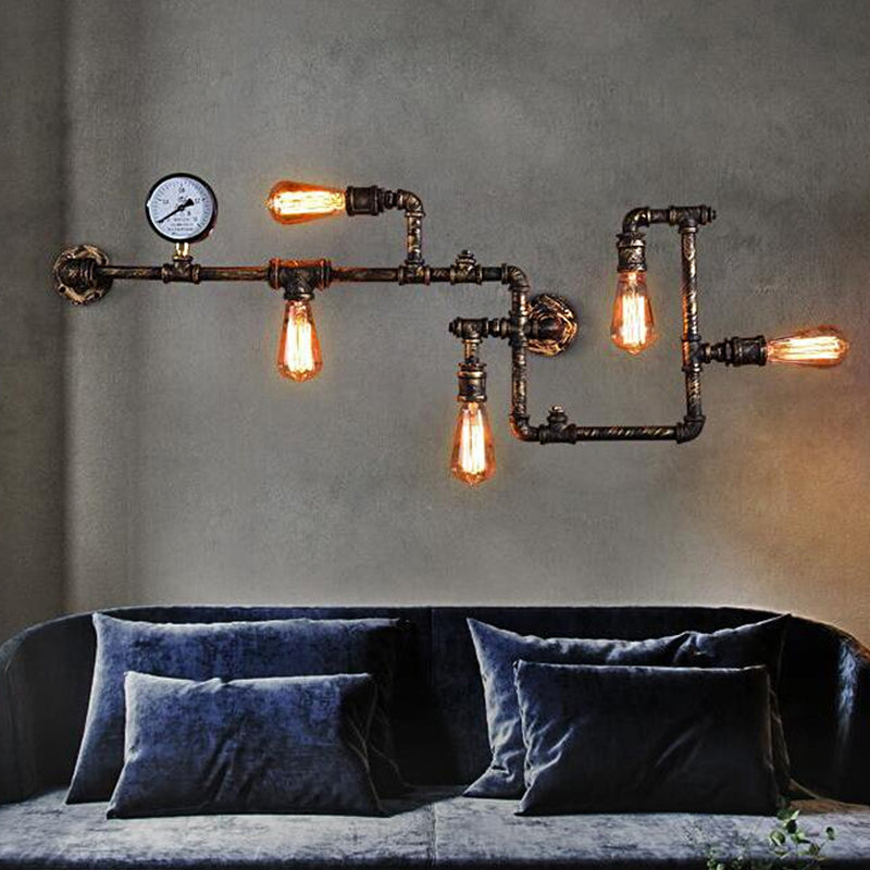 5 Bulbs Pipe System Wall Mount Lamp Industrial Antiqued Black/Brass/Rust Wall Light Kit with Decorative Gauge