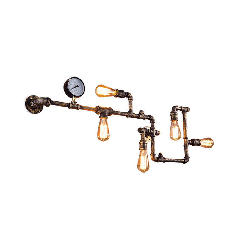 Rust/Bronze 5-Head Wall Lighting Ideas Industrial Wrought Iron Pipe System Wall Mounted Lamp with Pressure Gauge
