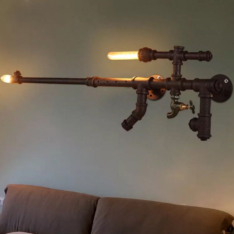 Iron Gun-Shaped Pipe Wall Sconce Steampunk 2-Head Bedroom Wall Mounted Light Fixture in Rust/Black