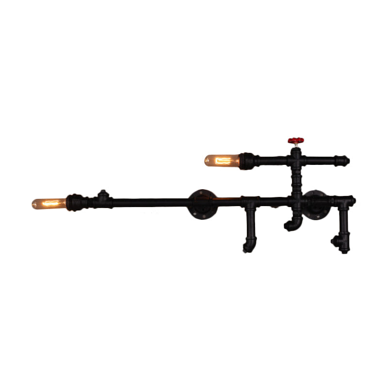 Iron Gun-Shaped Pipe Wall Sconce Steampunk 2-Head Bedroom Wall Mounted Light Fixture in Rust/Black