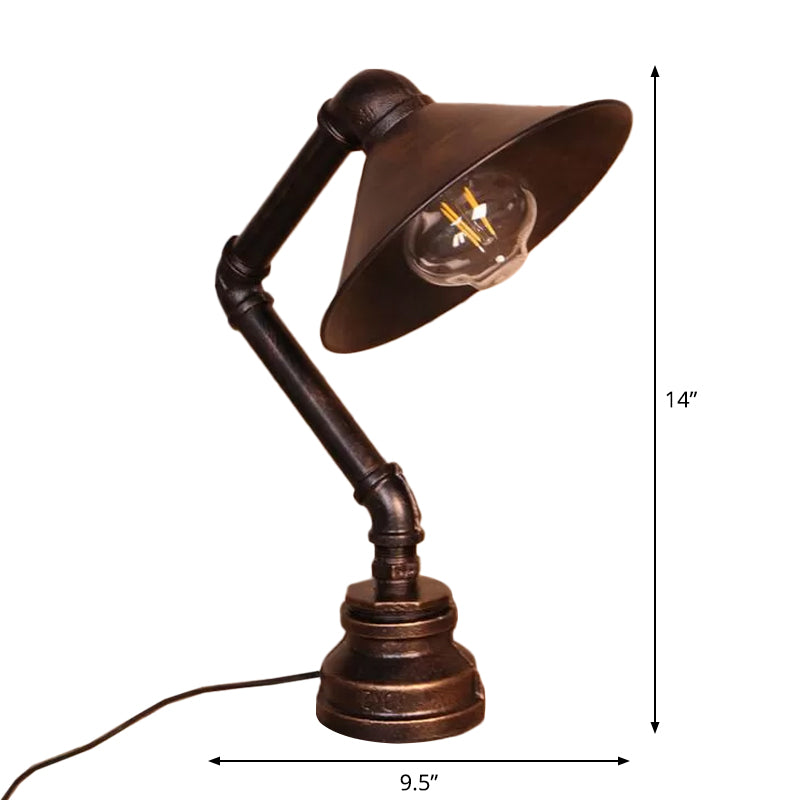 Lampada da comodino industriale a 1 luce conica in ferro da comodino con braccio piegato in bronzo