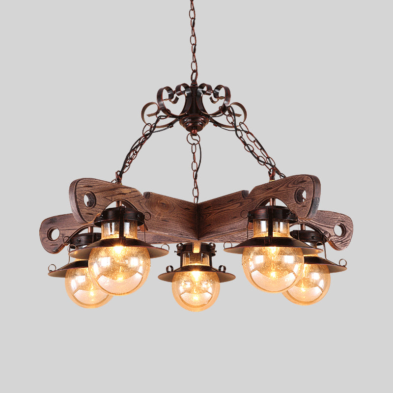 5/9 Lights Ball Pendant Lighting Cognac Seeded Glass Industrial Chandelier in Rust