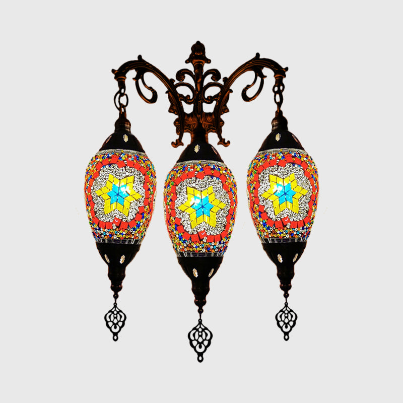 Traditional Oval Wall Mounted Lamp 3 Heads Stained Art Glass Sconce Light in White/Red/Light Blue