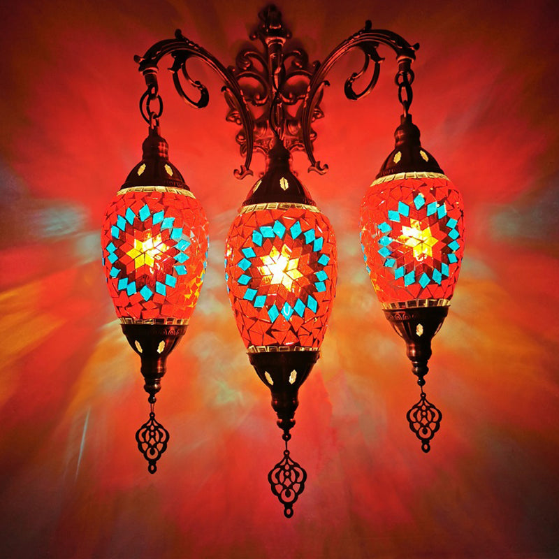 Traditional Oval Wall Mounted Lamp 3 Heads Stained Art Glass Sconce Light in White/Red/Light Blue