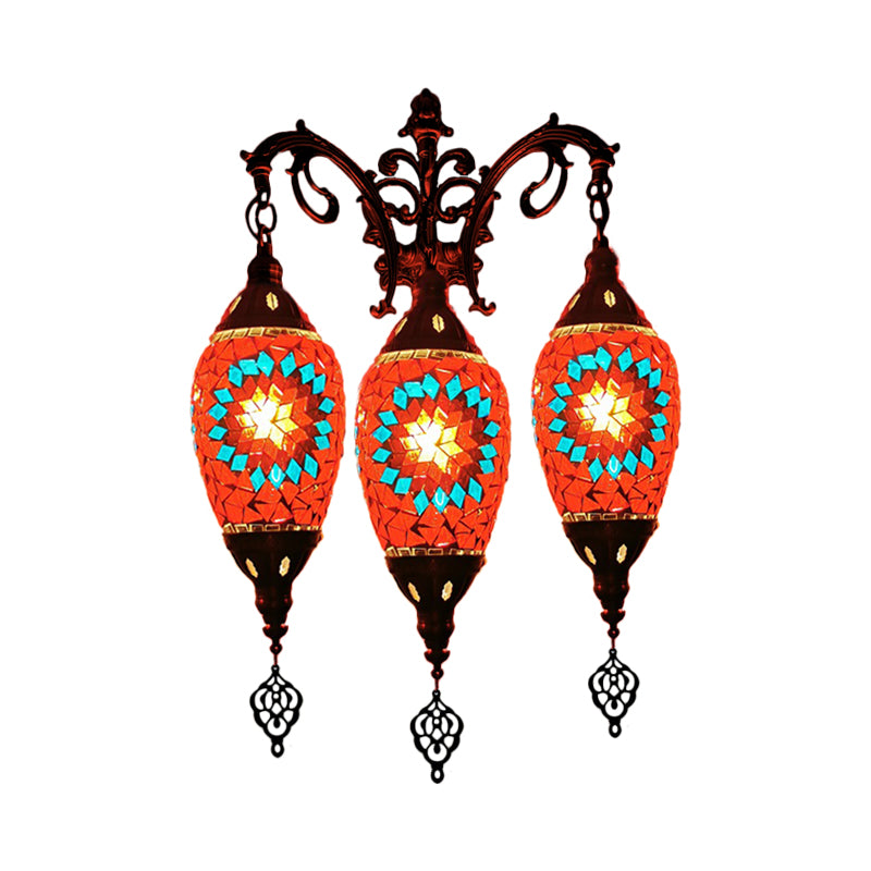 Traditional Oval Wall Mounted Lamp 3 Heads Stained Art Glass Sconce Light in White/Red/Light Blue