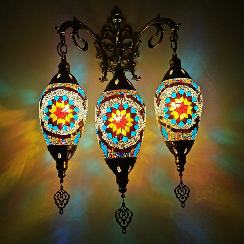 Traditional Oval Wall Mounted Lamp 3 Heads Stained Art Glass Sconce Light in White/Red/Light Blue
