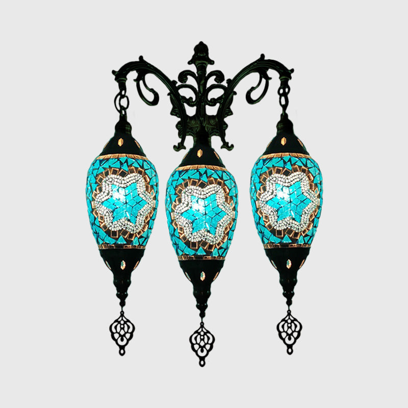 Traditional Oval Wall Mounted Lamp 3 Heads Stained Art Glass Sconce Light in White/Red/Light Blue