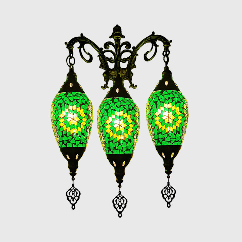 Traditional Oval Wall Mounted Lamp 3 Heads Stained Art Glass Sconce Light in White/Red/Light Blue