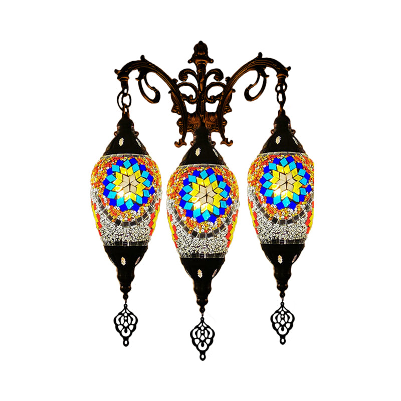 Traditional Oval Wall Mounted Lamp 3 Heads Stained Art Glass Sconce Light in White/Red/Light Blue