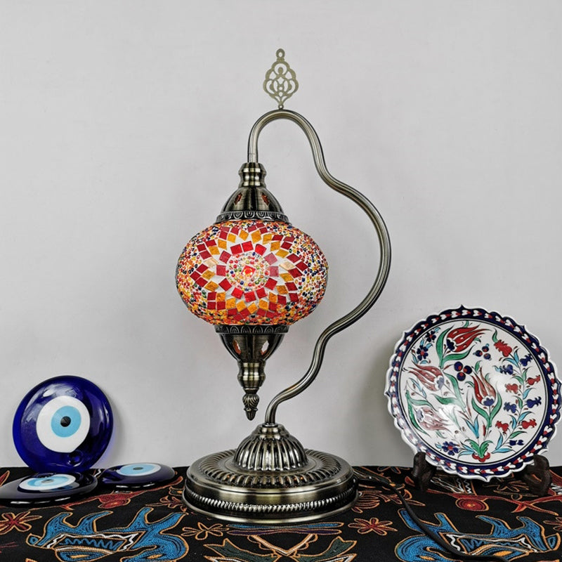 Stained Art Glass Globe Table Lamp Art Deco 1 Head Restaurant Night Light with Curvy Arm in White/Red/Yellow