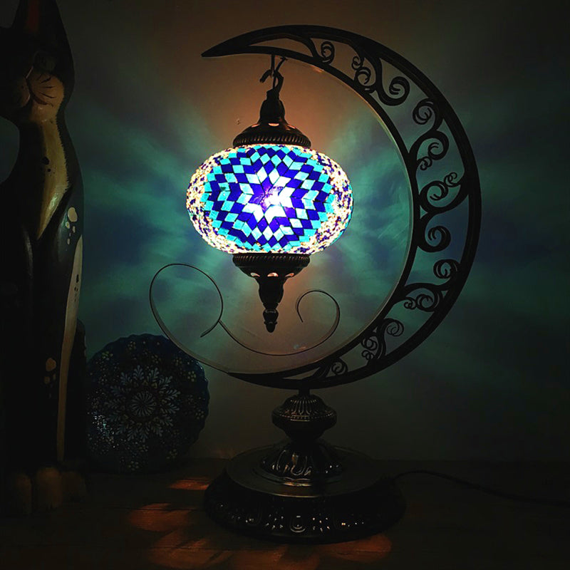 Global Bedroom Nightstand Lamp Decorative Stained Glass 1 Light White/Red/Pink Desk Light with Moon Design