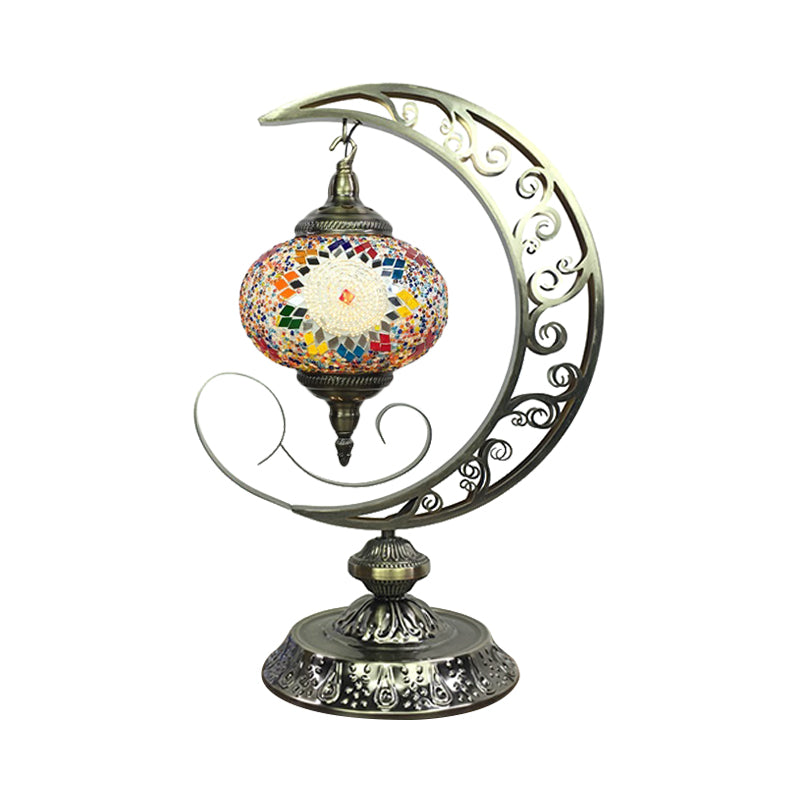 Global Bedroom Nightstand Lamp Decorative Stained Glass 1 Light White/Red/Pink Desk Light with Moon Design