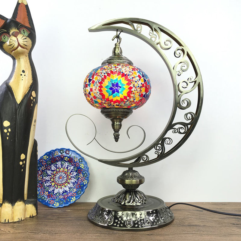 Global Bedroom Nightstand Lamp Decorative Stained Glass 1 Light White/Red/Pink Desk Light with Moon Design