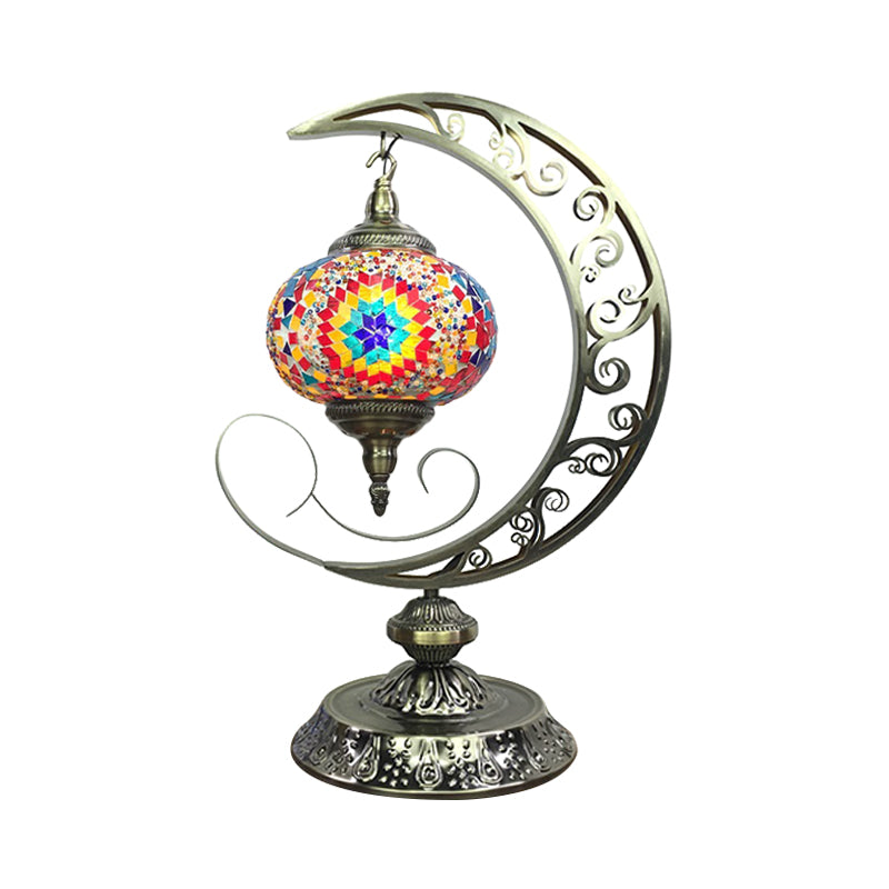 Global Bedroom Nightstand Lamp Decorative Stained Glass 1 Light White/Red/Pink Desk Light with Moon Design
