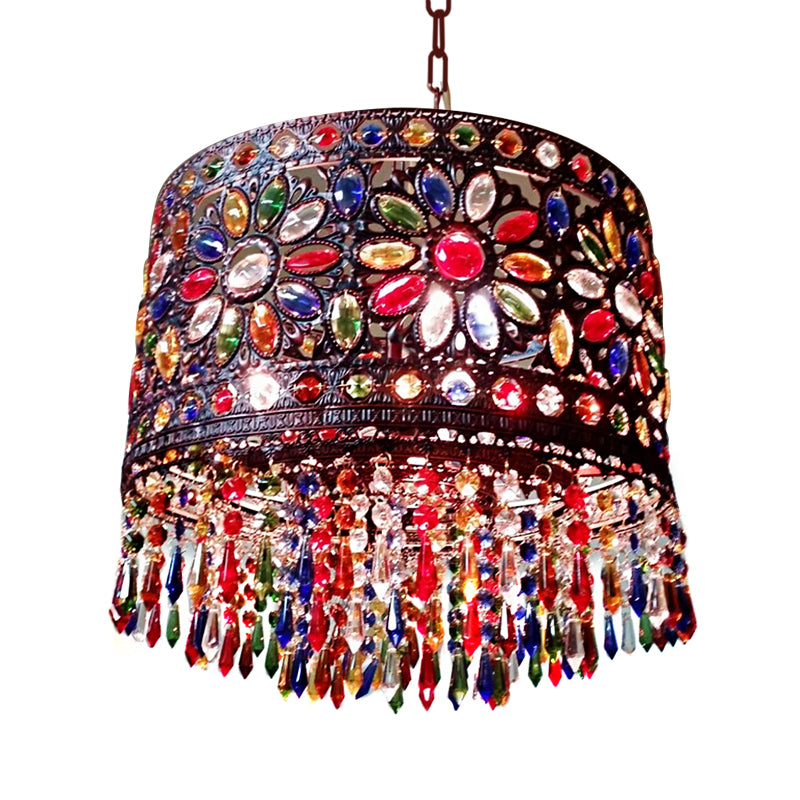 Drum Metallic Suspension Lamp Bohemian 3 Heads Living Room Chandelier Light with Crystal Deco in Red