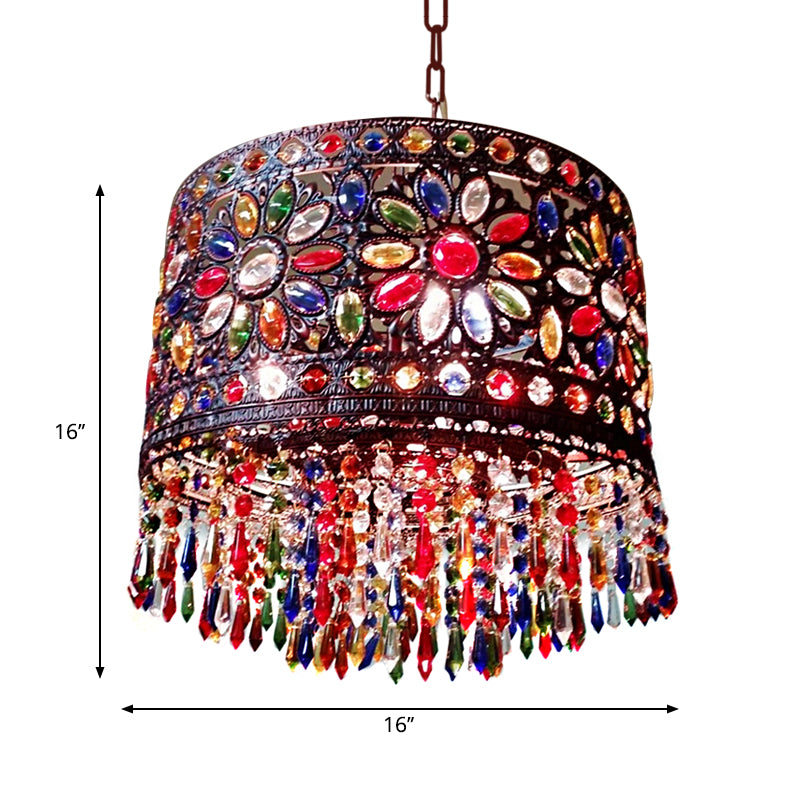 Drum Metallic Suspension Lamp Bohemian 3 Heads Living Room Chandelier Light with Crystal Deco in Red