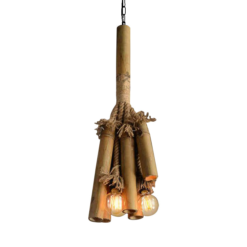 Rope Tubular Chandelier Lamp Warehouse 3 Heads Restaurant Bamboo Pendant Lighting Fixture in Brown with Open Bulb Design