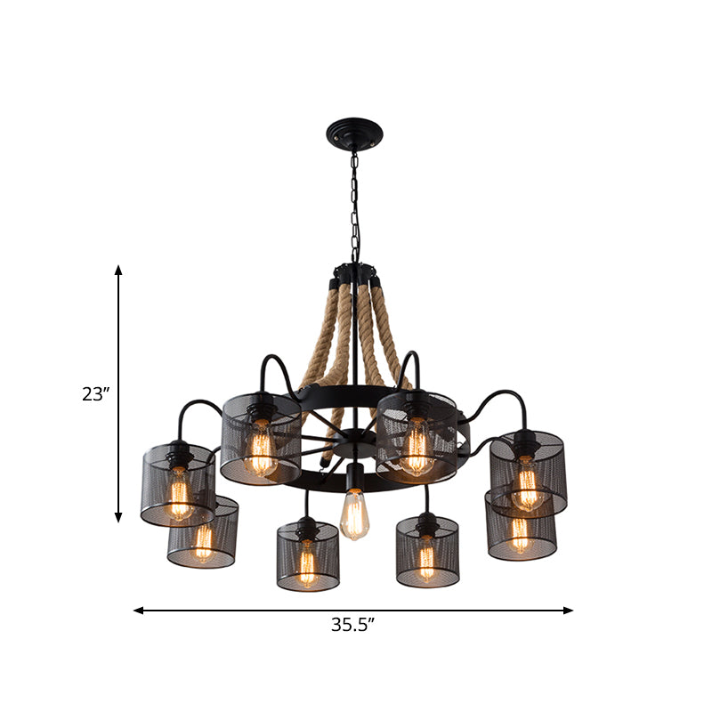 8/12-Light Cylinder Hanging Chandelier Factory Black Metal Mesh Suspension Pendant for Restaurant with Rope Cord