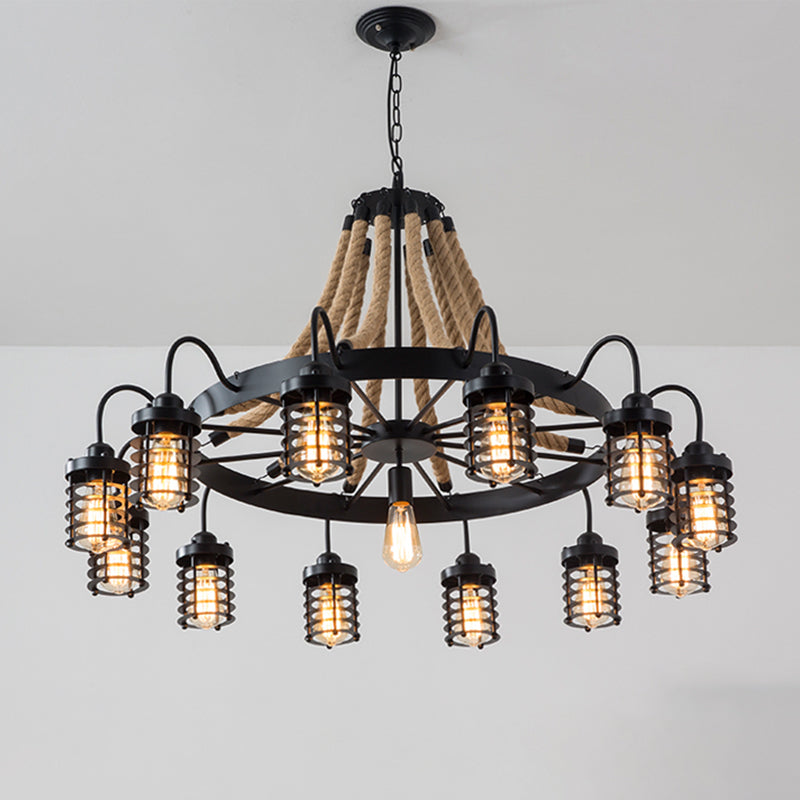 7/9 Heads Metal Ceiling Chandelier Vintage Black Cylinder Cage Rope Suspension Lamp with Wagon Wheel