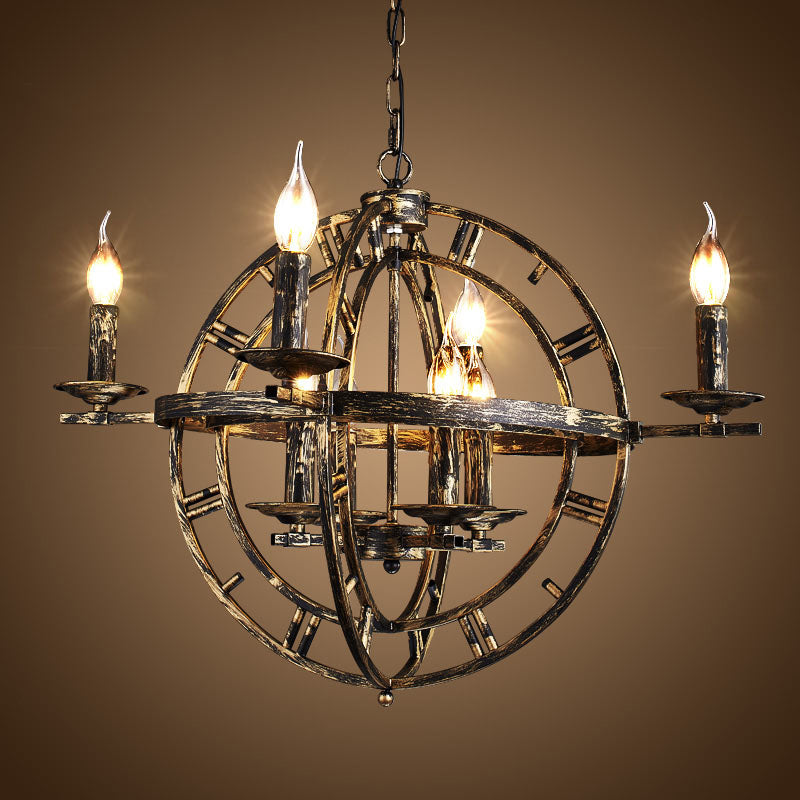 Industrial Globe Cage Chandelier Lighting Fixture 6-Bulb Iron Ceiling Light in Bronze/Black with Candle Design
