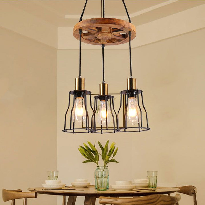 3/6-Light Metal Hanging Chandelier Factory Gold Open Cage Dining Room Pendant Light Fixture with Wood Wheel Shelf Deco