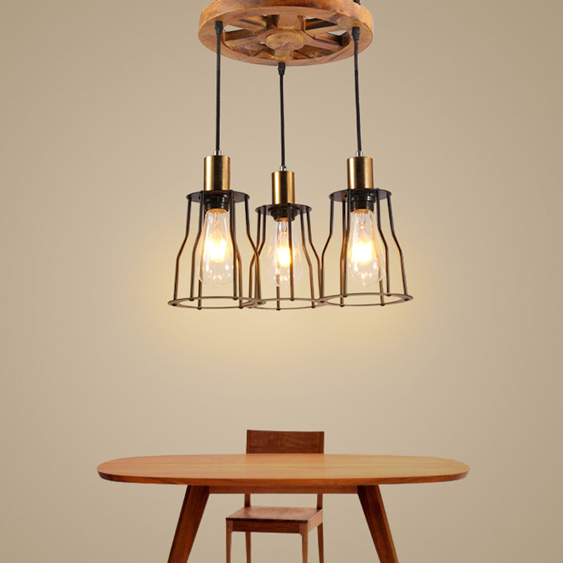3/6-Light Metal Hanging Chandelier Factory Gold Open Cage Dining Room Pendant Light Fixture with Wood Wheel Shelf Deco