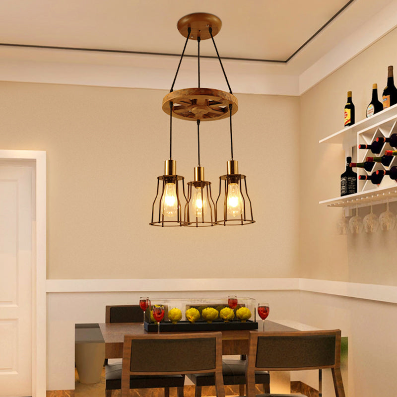 3/6-Light Metal Hanging Chandelier Factory Gold Open Cage Dining Room Pendant Light Fixture with Wood Wheel Shelf Deco