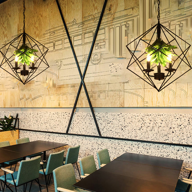 Rhombus Cage Metal Chandelier Rustic 3 Lights Restaurant Hanging Pendant Light in Black with Green Leaf Deco