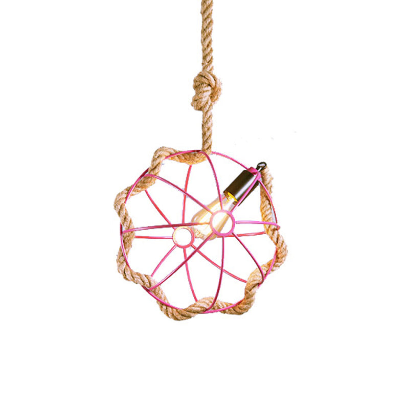 1-Light Metal Pendant Lamp Industrial Black/Pink/Green Globe Cage Restaurant Down Lighting with Rope Cord